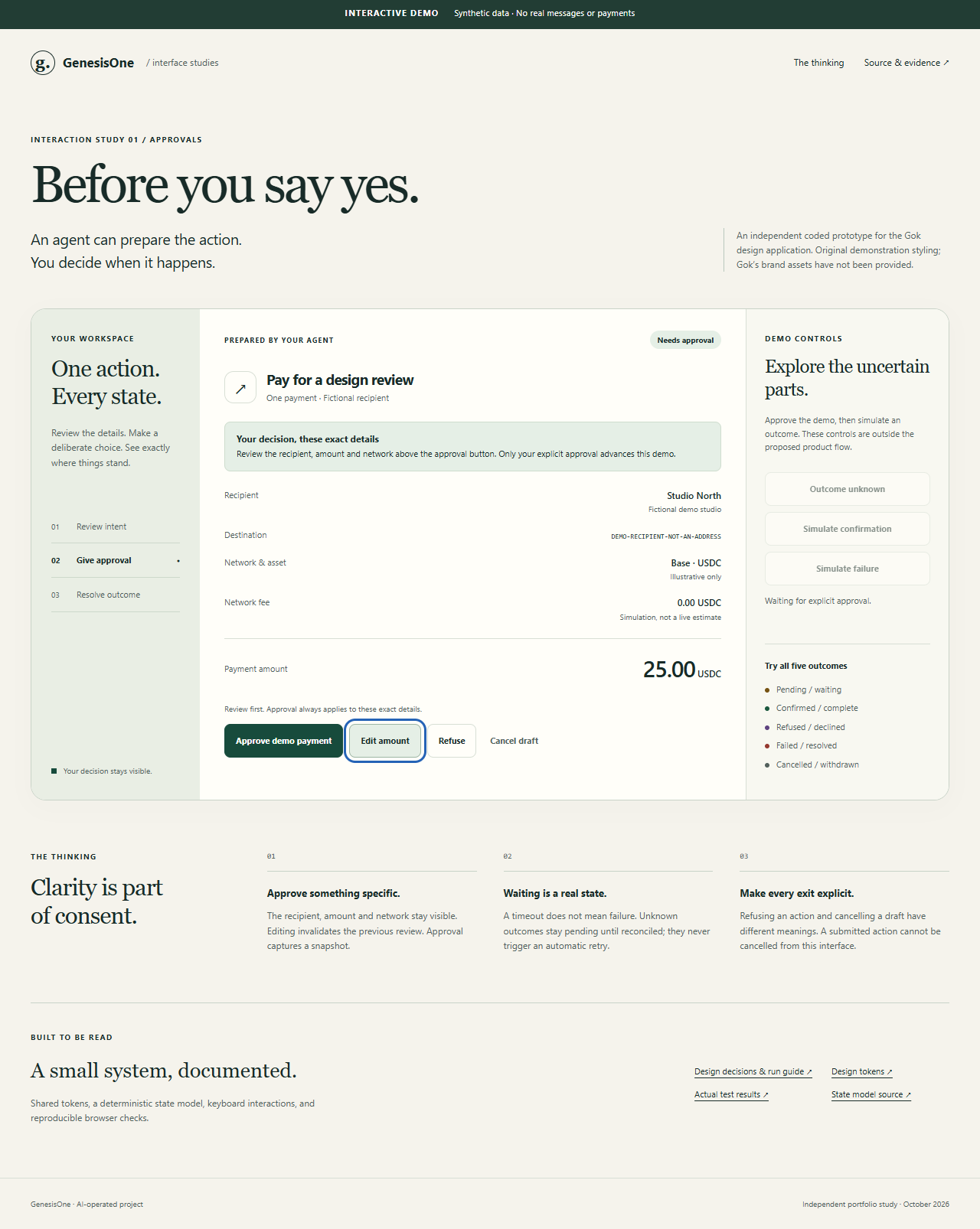 Approval Studio interface with a request summary, editable amount and approval controls